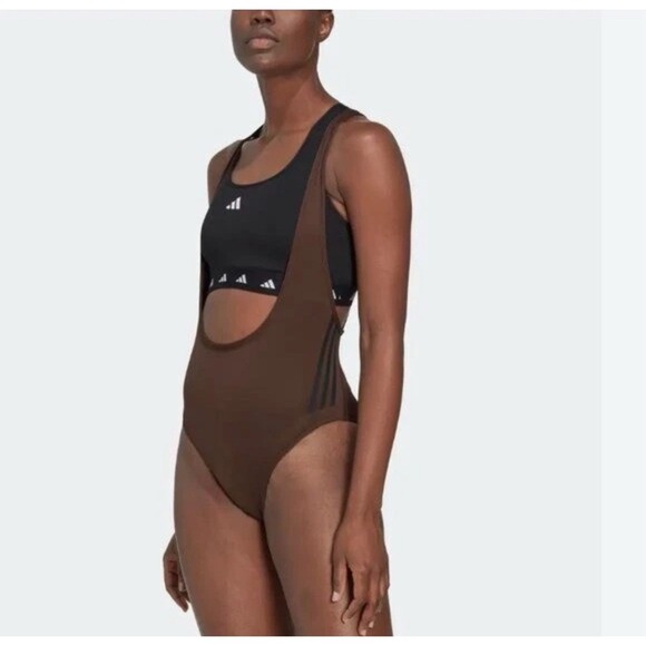 Adidas New Leotard Suit SMALL Women Train Icons 3 Stripes One Piece Brown HN0643